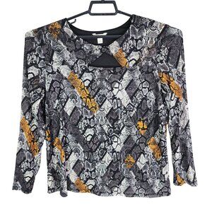 Womens Est. 1946 Gray Orange Snake Print Top Blouse Long Sleeve Keyhole Neck L